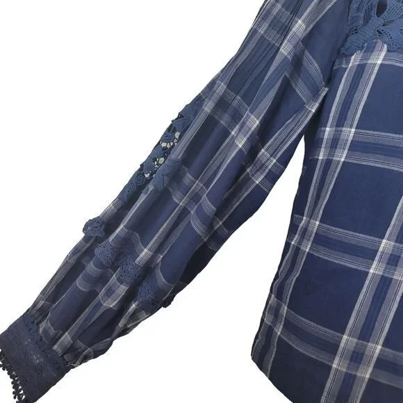 Free People Womens Size Small Blue Plaid Darling Diana Long Sleeve Shirt - Picture 3 of 10